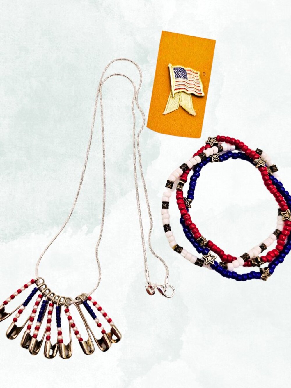 Patriotic Jewelry Lot Safety Pin Necklace Bracelets Flag Pin